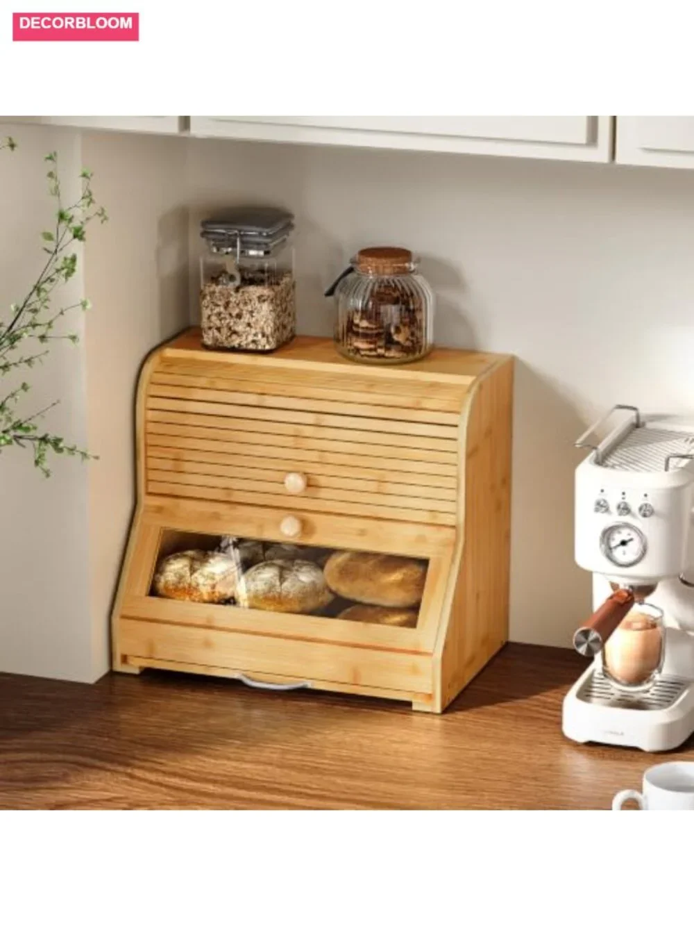 Roll Top Bamboo Bread Box with Cutting Board, Large Capacity Kitchen Storage